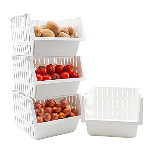 Cestas Apilables de Plástico, Frutero, Verdulero,4 estantes, Almacenaje, Organizador (Blanco) Cover