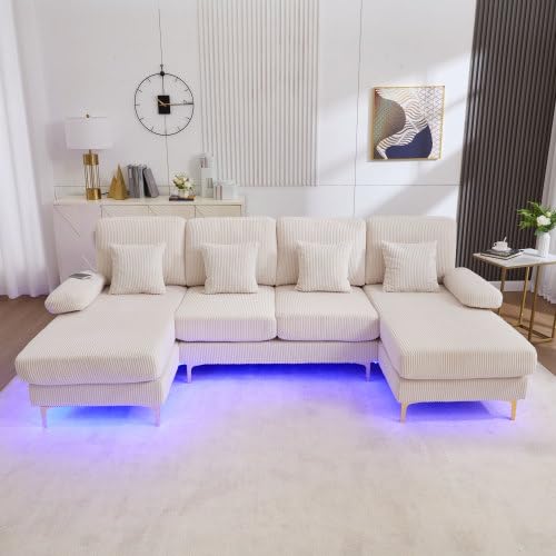 Soweiz Moderno sofá U con iluminación LED ambiental y marco de madera maciza con puerto USB-C, 4 cojines de lujo y respaldo ergonómico, 265 x 135 x 88 cm (beige)