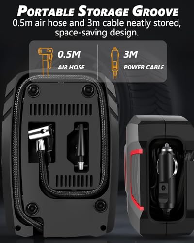 Inflador Ruedas Coche 12V 160PSI/30L - Compresor Aire Portátil con Parada Automática + Pantalla LED (3 Adaptadores/50cm Manguera) para Coche/Moto/Caravana - Negro/Rojo - imagen 4