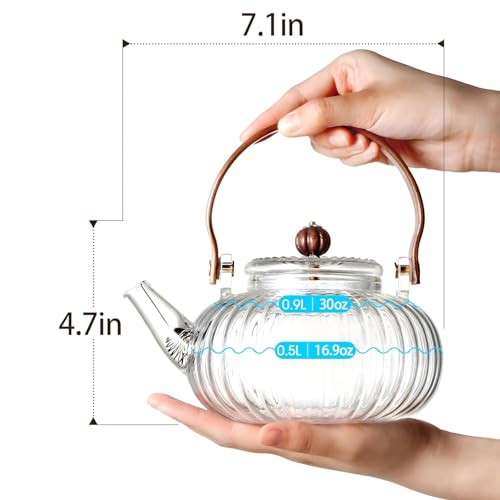 Image of Glass Teapot with Infuser, Stovetop & Microwave Safe Borosilicate Glass Kettle with Wooden Handle for Loose Leaf and Fruit Tea, Clear, 1 Liter Capacity