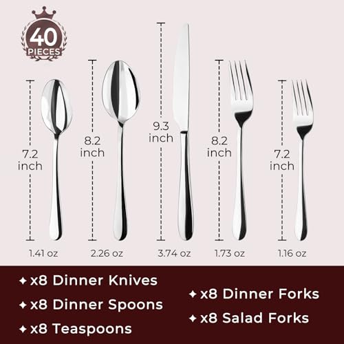 40-Piece Silverware Set for 8, Stainless Steel Flatware Set with Knife, Fork, and Spoon, Sturdy, Durable, Rustproof, Dishwasher Safe for Daily Use, Parties, Hotels, Weddings, and More — view 3