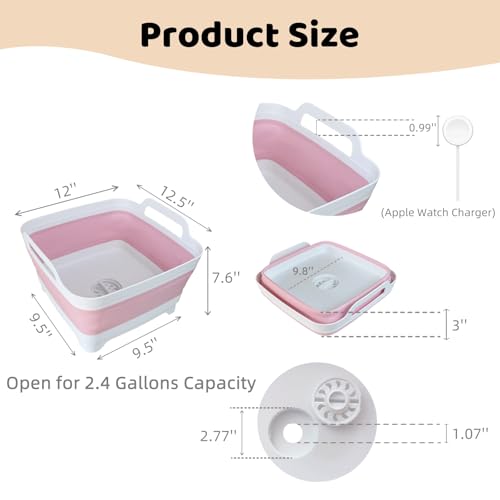 Image of GIMWA Collapsible Wash Basin for Baby Bottles - 2.4 Gallons Portable Wash Bin for RV Camping Sink, Space-Saving Dish Tub (Pink)