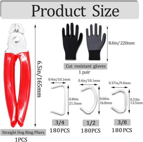 Image of 540 pcs Hog Rings with Straight Hog Ring Pliers Kit 3 /4 inch 1 /2 inch 3 /8 inchGalvanized Hog Rings for Animal Pet Cages、Ropes、Bagging、DIY Craft、Furniture