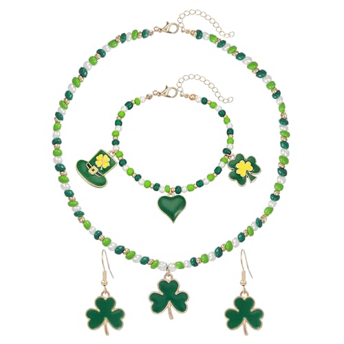 YWOYWO 3pcs St. Patrick's Day Jewelry Set: Beaded Necklace, Drop Earrings, Adjustable Bracelet for Women, Shamrocks Enamel Pendant, Green Yellow Love Heart Four Leaf Clover Hat Charms (St. Patrick's Day Shamrocks-3pcs)