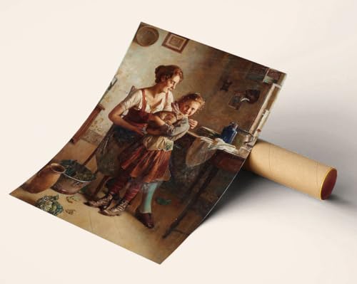 Vintage Oil Painting Poster of Mother and Daughter Girl Mothers