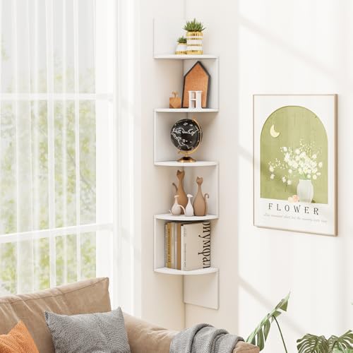 Tangkula 5-Tier Corner Shelf Wall Mount, Farmhouse Floating Corner Bookshelf, Industrial Modern Display Shelf Stand, Wooden Storage Organizer for Living Room Home Office (1, White)
