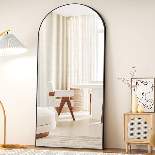 COFENY Espejo de Pie Cuerpo Entero Curvado, Espejos Grandes de Pared con Marco de Aluminio 192 x 85 cm, Espejo de Pie Inclinado o Colgante para Salón, Dormitorio, Entrada, Negro