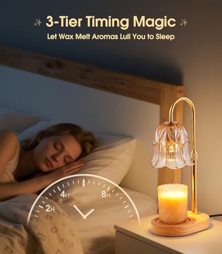 Candle Warmer Lamp Adjustable Timer - Electric Flower Glass Candles Warmers Adjustable Height Dimmable Vintage Base Modern Wax Candles Top Warmers for Small Jar Scented Wax Melts - Thumbnail 4