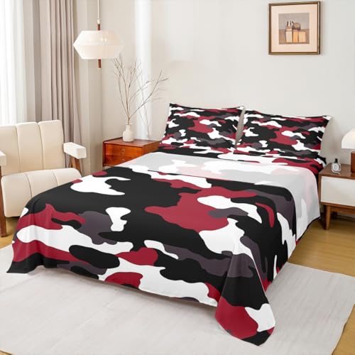 Erosebridal Kids Boys Camo Fitted Sheet 4 Pcs, Army Camouflage Bed Sheets for Teens Youth Adult Black White Militarily Bedding Set Abstract Art Colorful Sheet Set with 2 Pillowcases Bedding King, Red