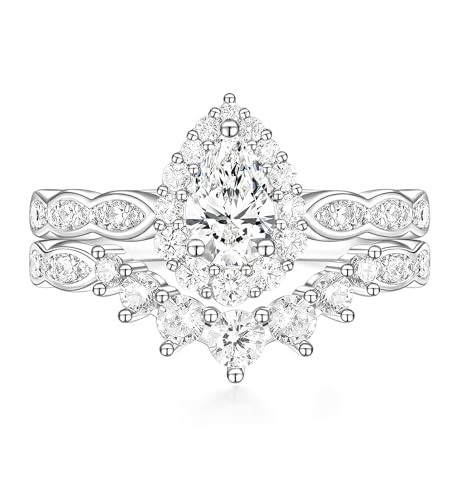 TIGRADE 1CT Teardrop Bridal Ring Sets Halo Vintage Pear Cubic Zirconia Wedding Band CZ Engagement Promise Ring for Women Size 3-12.5, Silver, Size 4.5