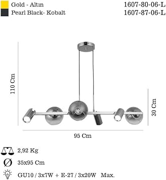 Lucea Tierra 3+3 Gold Row Chandelier 3xgu10+3xe27