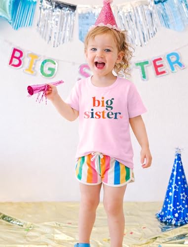 Image of Toddler Big Sister T-Shirt Big Sis Sibling Reveal Crewneck Tee Baby Girls Short Sleeve Announcement Summer Cute Top
