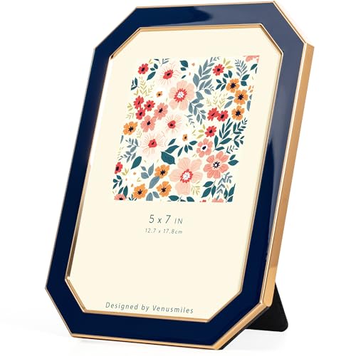 Venusmiles 5x7 Enamel Picture Frame, Octagonal Gold Metal Edge with Easel, High Definition Tempered Glass Photo Frame for Wall and Tabletop Display Family Office Photo Gallery, Navy Blue Enamel/1pc