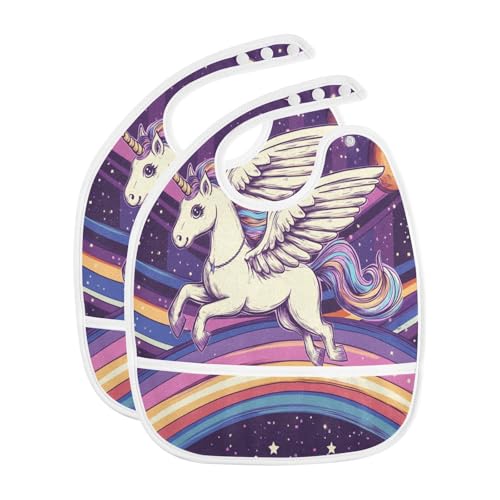 MCHIVER Unicorn Rainbow Purple Baby Bibs for tag1 Waterproof Feeding Bib Apron with Food Cather Adjustable Cotton Food Eating Bib 2 Pack