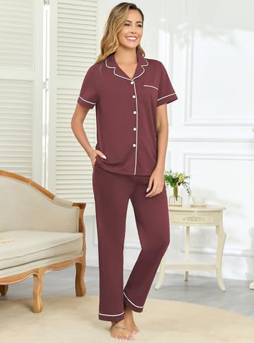 Image of Veseacky 100% Cotton Pajamas for Women Set Short Sleeve Button Down Sleepwear Soft 2 Piece Summer Pjs Lounge Sets S-XXL