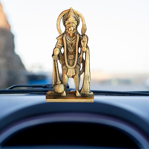 Image of Combo Hanuman ji Idol with Double Sided Design and Flying Bajrangbali Haging Ornament for Home Temple & Car Dashboard,Office,Gift-Brass Statue for Good Luck (Gold)(Pack of 02)