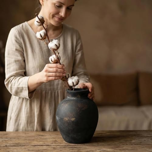 Sawoake Vintage Ceramic Vase with Handle, 7 Inch Off-White Farmhouse Rustic Pot, Retro Table Centerpiece for Coffee Desk, Living Room Bookshelf & Fireplace Dining Room Mantel Decor - 5