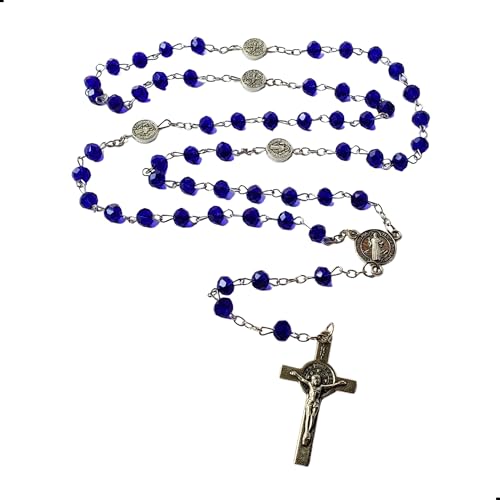 Terço Colar São Bento Cristal 6mm Medalha Entremeio 50cm (1, CRISTAL - AZUL)