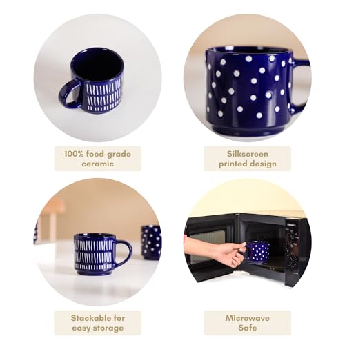 Image of Nestasia Stackable Ceramic Cups Set of 4 (220 ml) | Microwave & Dishwasher Safe Tea & Coffee Mugs with Glossy Finish | Ideal for Gifting (Blue)