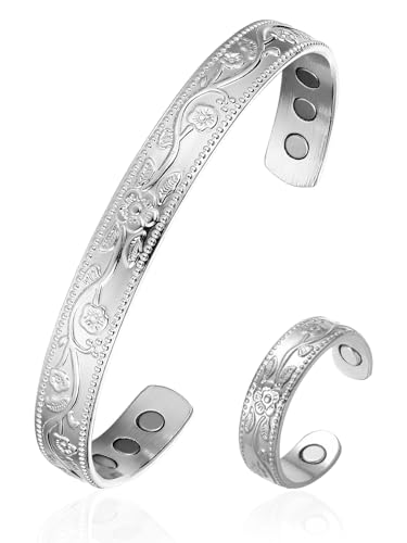 BioMag Lymphatic Drainage Ring & Copper Bracelet, 99.99% Pure Copper Magnetic Bracelet & Ring with Built-in 3500 Gauss Magnets, Adjustable Size, Floral Vine Pattern