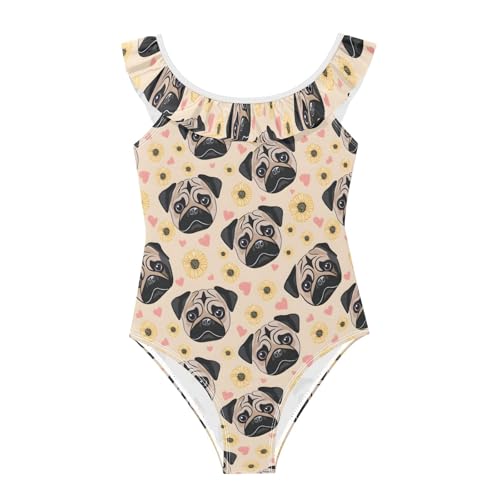 Traje de baño de una pieza para niñas sin mangas con graciosos volantes y estampado carlino