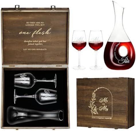 AW BRIDAL Mr and Mrs Gifts Wedding Gifts Romantic Anniversary Engagement Gifts for Couple Bridal Shower Gifts – Wine Decanter with Mr Mrs Wine Glasses, Engraved Wooden Keepsake Box