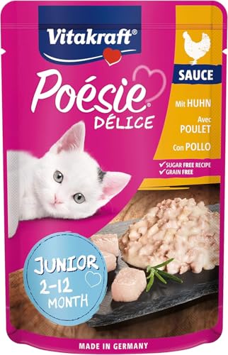 Vitakraft Poésie Délice, Junior, Nassfutter Katze, Katzennassfutter in Sauce, mit Huhn, für junge Katzen, ohne Zusatz von Zucker und Getreide (1x 85g)