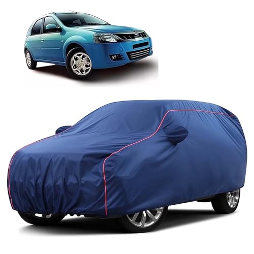 Image of Sulfar 100% Water Resistant Car Body Cover Compatible with Mirror for Mahindra Verito Vibe (Triple Stitched, Full Bottom Elastic, Blue Taffeta with Red Piping)