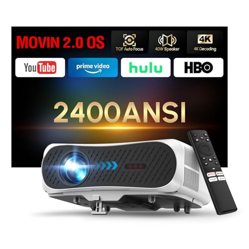 Image of Smart 4K Projector LED Daylight Projectors 2400 ANSI HDR 10+ with WiFi6 Bluetooth5.4 HDMI eARC/CEC, ToF Auto Focus 40W Speaker & DB Audio for Home Theater Movie Night Gaming Bedroom Fitness