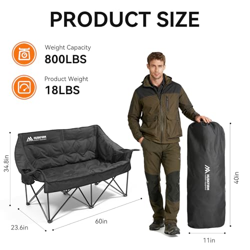 Double Camping Chair Padded Camping Chairs Heavy Duty 2 Person Camping Chair Oversized Loveseat Camping Chair with Cup Holders Camping Couch Support 800LBS,Black - Image 3
