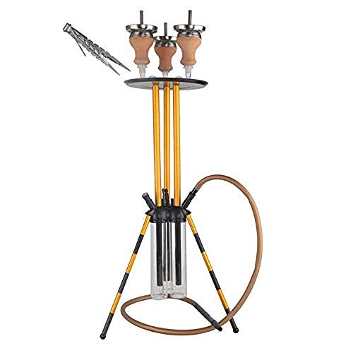 HOOKHA® Acero Inoxidable Vidrio cachimba Superior Recipiente de cerámica Shisha Manguera de Silicona Clip de carbón Placa de carbón Bar Hookah Kit Fumador Playa al Aire Libre La Mejor opción（3 Tubos）