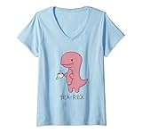 Womens Tea rex T shirt Dinosaur Cartoon Lover Funny Cute Dino V-Neck T-Shirt
