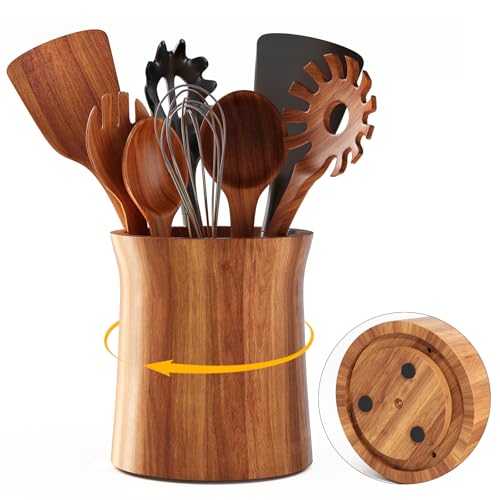 WBKATN Acacia Wood Utensil Holder for Kitchen Counter, 360° Rotating Wooden Large Cooking Utensils Holder for Countertop, Farmhouse Spoon Crock, Spatula Storage Organizer, Rustic Kitchen Decor