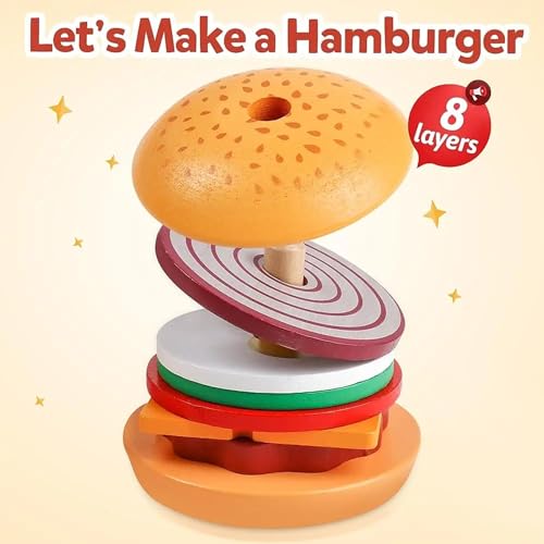 ZDNT Montessori Hamburger-Stapelspielzeug,Holz Burger Toy,Holz Hamburger,Kinder Stapelspielzeug,Hölzerne Stack Burger,Kinderküche Zubehör Holz Burger,Geschenk für Jungen Mädchen 1 2 3 + Jahre