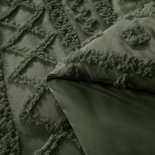 Image of King Size Comforter Set- 7 Pieces Tufted Bed in a Bag King Bedding Sets | All Season Shabby Chic Boho Bedding with Comforter, Sheets, Pillowcases & Shams, Dark Green
