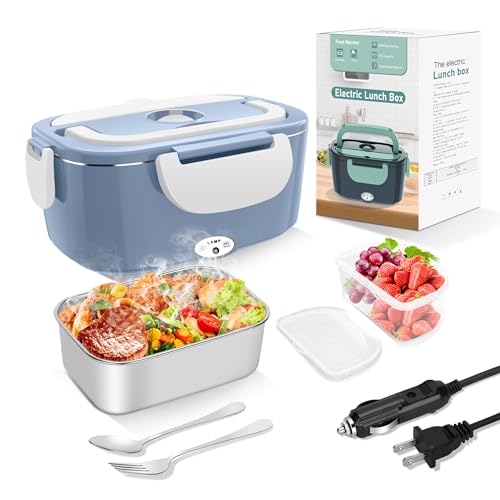 Image of Electric Heated Lunch Boxes Adults: 80W Electric Lunch Box Food Heated 12 /24 /110V 1.5L Heatable Lunch Box for Car /Truck /Office Leak-Proof Stainless Steel Container,Fork & Spoon,Bag (Light Blue+White)