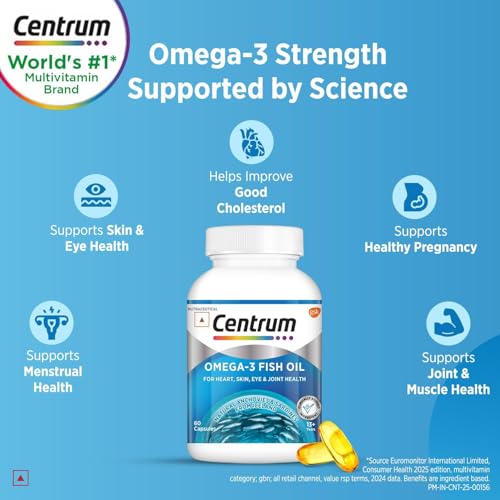 Image of Centrum Omega 3 Fish Oil Capsules 1000mg Supplements | Omega 3 with 180mg EPA, 120mg DHA for Hair and Skin Health, Joint Health, Brain Health | No Fishy Aftertaste - 60 Capsules