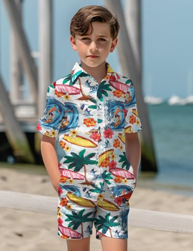 Yoimira Boys Hawaiian Shirt and Short Set Beach Shirts for Kids Printed Casual Outfit 2 Piece with Pocket 7-14 Years2