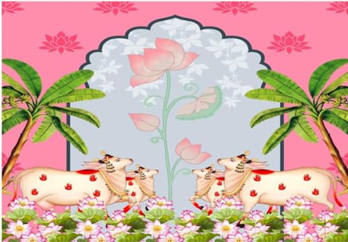 Image of varalakshmi Background Decorations | Background Decoration Cloth |pichwai Backdrop Cloth for Decoration (Pink Lotus 4 Cows Backdrop) Pink,Sky Blue Colour (8FT-6 FT)