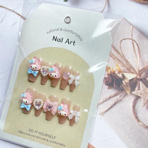 24Pcs Nude Press on Nails Medium Square Fake Nails Glossy Glue on Nails with 3D Kawaii Heart Bow Charms Design French Stick on Nails Cute False Nails Artificial Acrylic Nails for Women Girls Manicure - Image 5