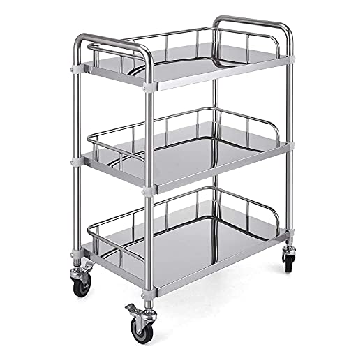 Image of Indian Decor 55746 Hospital /Clinic Trolley On Wheels 3 Tier Stainless Steel Beauty Salon Rolling Trolley, Hospital /Dental Clinic Medical Equipment Cart, Universal Brake Wheel - Chrome