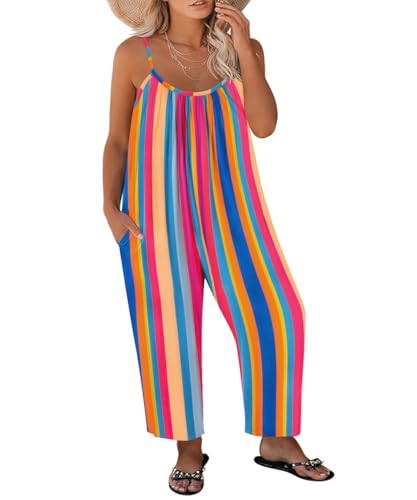 RITERA Plus Size Romper For Curvy Women Rainbow Striped Sleeveless Jumpsuits Loose Adjustable Strap Long Wide Leg Pant Side Pocket Dressy Flowy Outfit Overalls Summer Casual Xl 14W 16W