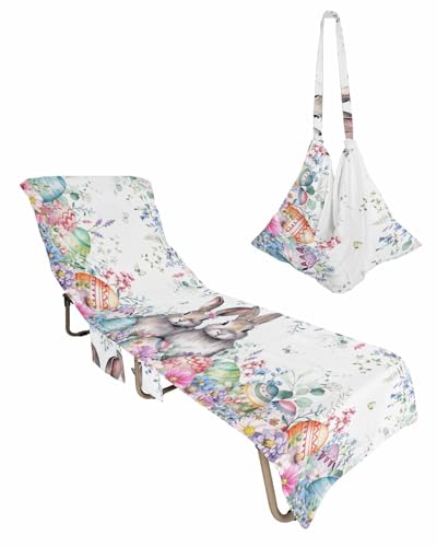 Spring Easter Beach Lounge Chair Towel Cover, Soft Chaise Lounge Towel with Side Pockets Patio Pool Chairs Cover for Beach/Pool Sunbathing 29x85 Bunny Eggs Eucalyptus Leaves Botanical