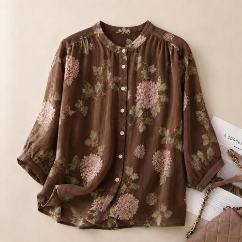 Image of Gufrina Women's Light Rose Floral Printed Button Down Shirt with Mandarin Collar and Relaxed Fit 3 /4 Sleeves
