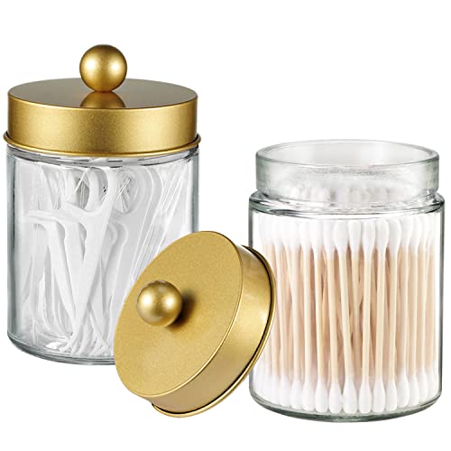 Apothecary Jar Canisters Bathroom Vanity Organizer - Qtip Holder Storage Organizer Countertop Canister-Stainless Steel Lids &Cute Stickers For Qtips,Cotton Swabs,Makeup Sponges,Floss(3 Pack ) (Gold) #TOP1