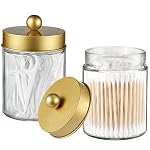 Apothecary Jar Canisters Bathroom Vanity Organizer - Qtip Holder Storage Organizer Countertop -Stainless Steel Lids &Cute Stickers for Qtips,Cotton Swabs,Makeup Sponges,Floss(3 Pack) (Gold) - Image 2