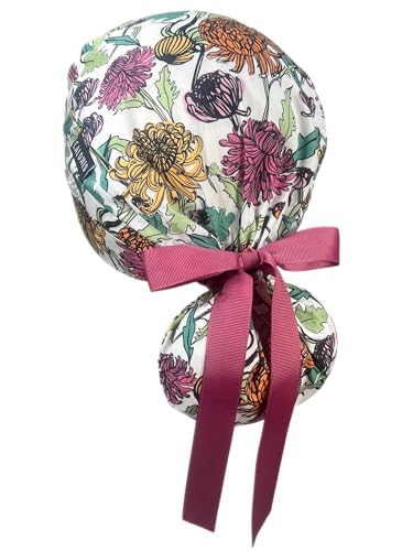 Image of Scrub Cap for Women and Men, Ponytail Scrub Caps, Working Hat, Head Cover with Ribbon Ties and Buttons, Long Hair