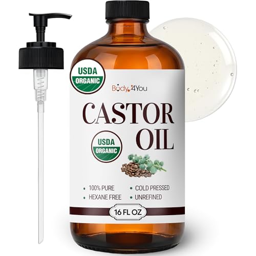 BodyJ4You Castor Oil for Eyelashes Eyebrows - 100% Pure Natural USDA Organic Cold Pressed - Hydrating Skin Hair Growth Oil Lashes Scalp - Non-GMO Hexane Free Unrefined Carrier - Glass Bottle 16 Fl Oz