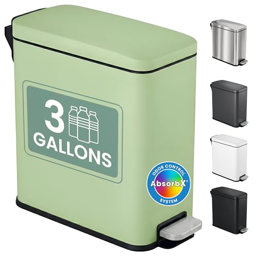 Image of iTouchless 3 Gallon Small Wastebasket for Bathroom with Lid, Deodorizer, Soft-Step Stainless Steel Slim Garbage Bin, 12 L Pastel Green Small Trash Can, Step Pedal Retro Soft-Toned Decor for Restroom