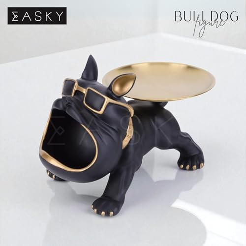 Image of Bulldog Resin Storage Tray | Decorative Dog Statue with Sunglasses | Multifunctional Remote, Key & Coin Holder for Home, Office, Entryway, or Living Room Decor (Black)